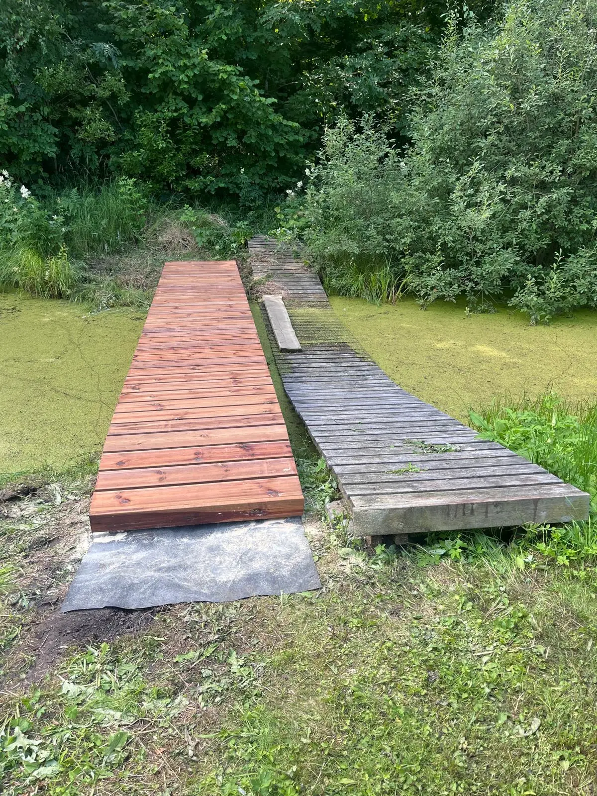 Uus puitsild tiigi kohal, kõrval vana pleekinud sild