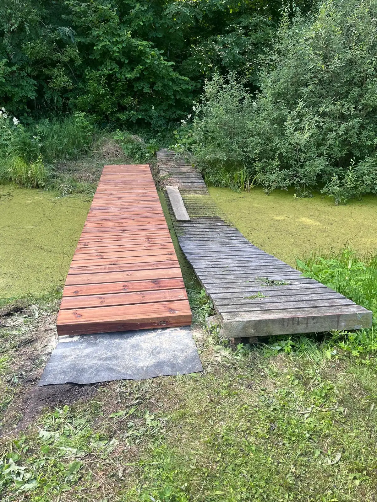 Uus puitsild tiigi kohal, kõrval vana pleekinud sild